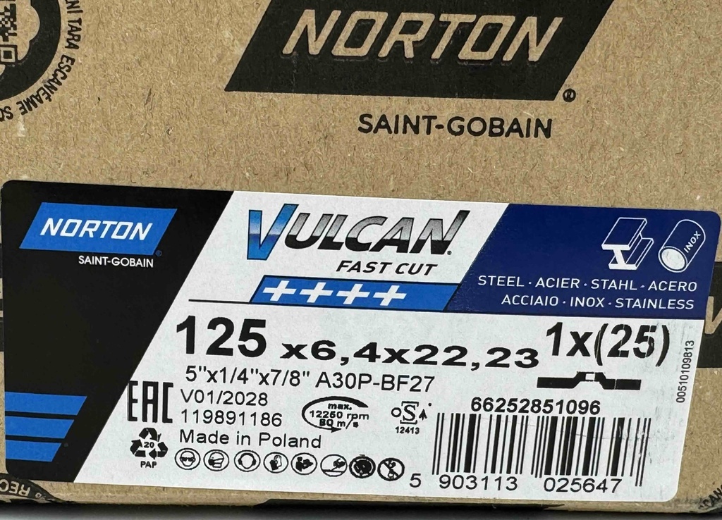 Tarcza VULCAN do szlifierek kątowych, do szlifowania METALU i INOX 125x6,4x22 mm