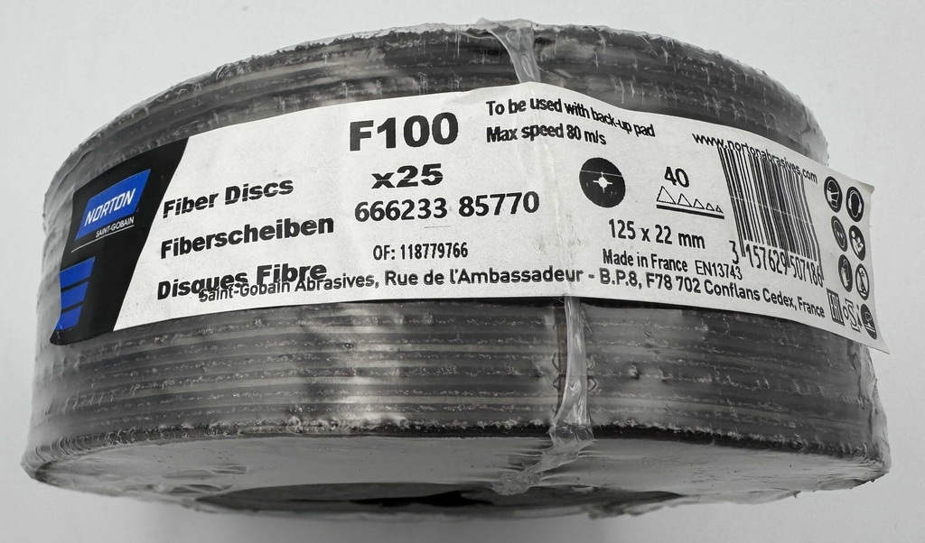 KRĄŻEK FIBROWY 125X22MM GR40 NORTON F100, TARCZA FIBROWA, DYSK FIBROWY